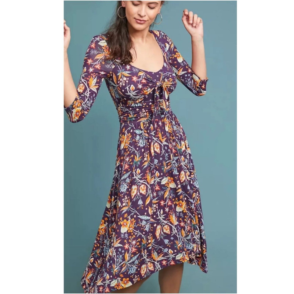 Maeve Anthropologie Midi Dress Womens Medium Purple Floral Tie Front Knit Boho
